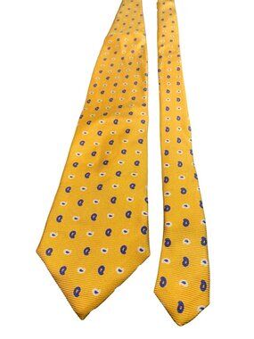 Lands End Mens Yellow Silk Necktie 60" Blue Paisley Dot Pattern Handsome Made In